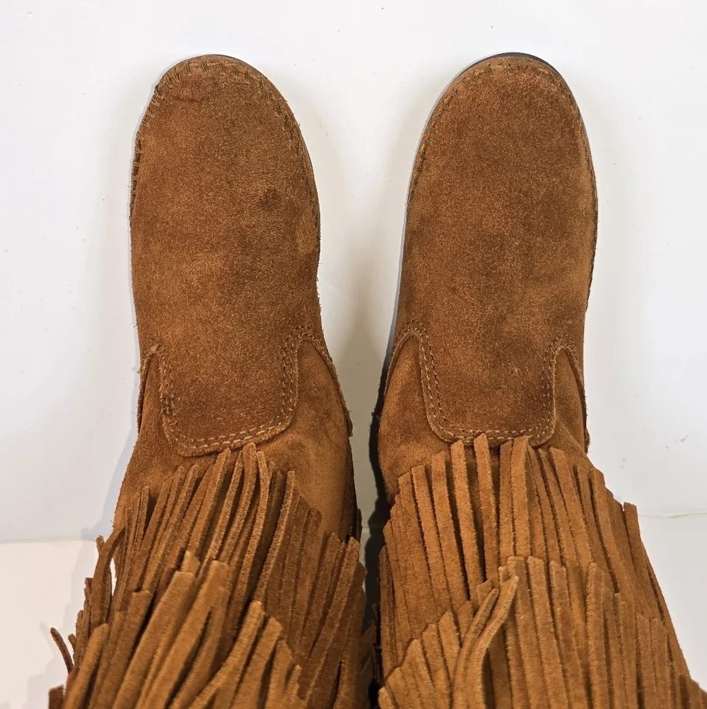 Minnetonka Double Fringe Suede Moccasin Indie Boho Boots Brown Size 5